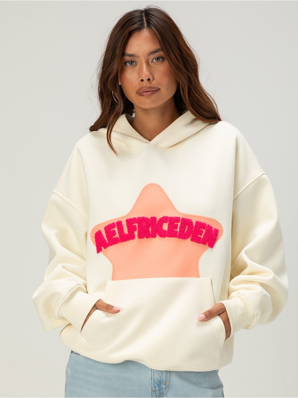 NWOT Alefrdic Eden Cream Hoodie with Pink Star Logo